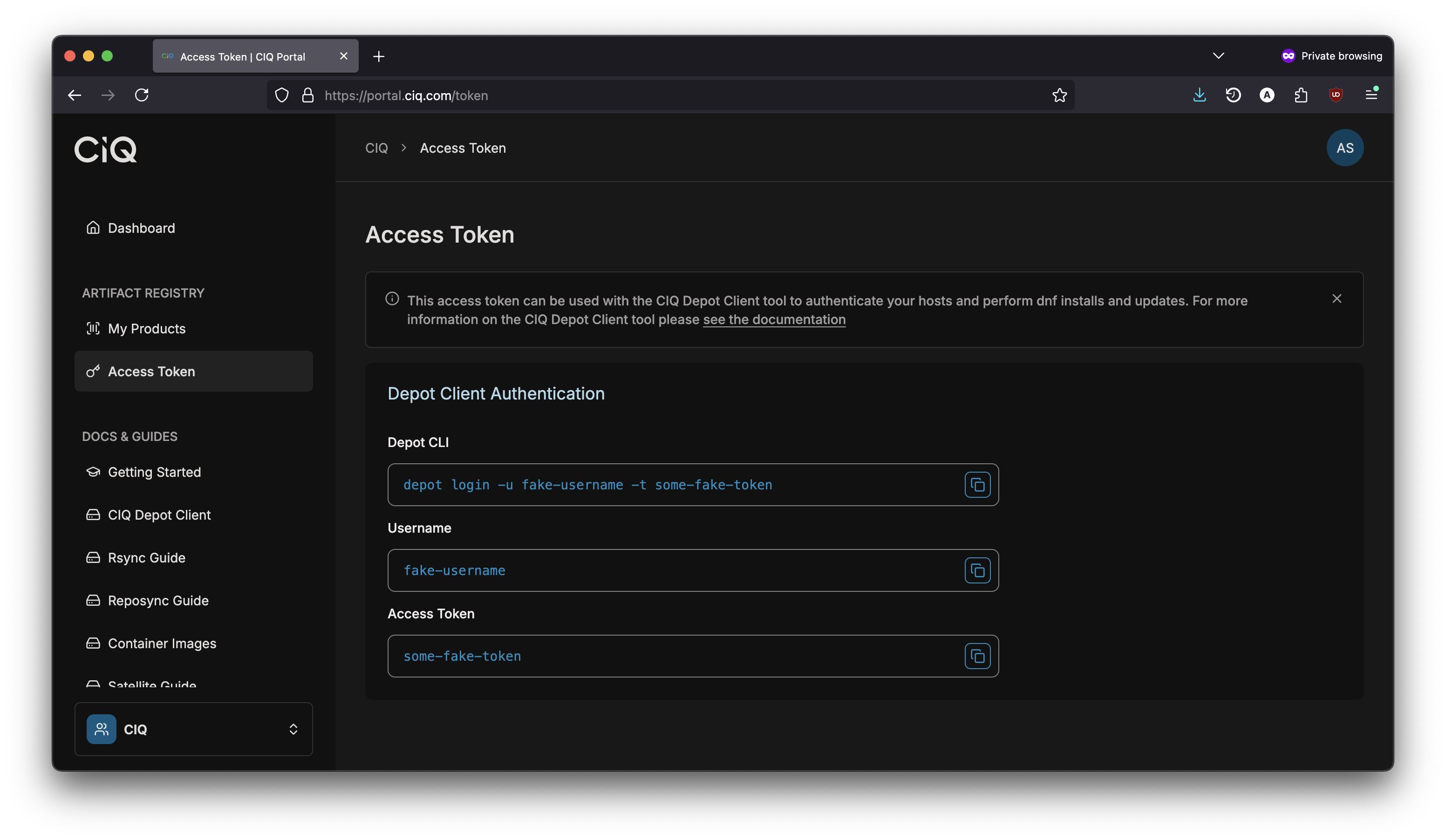 CIQ portal access
token page