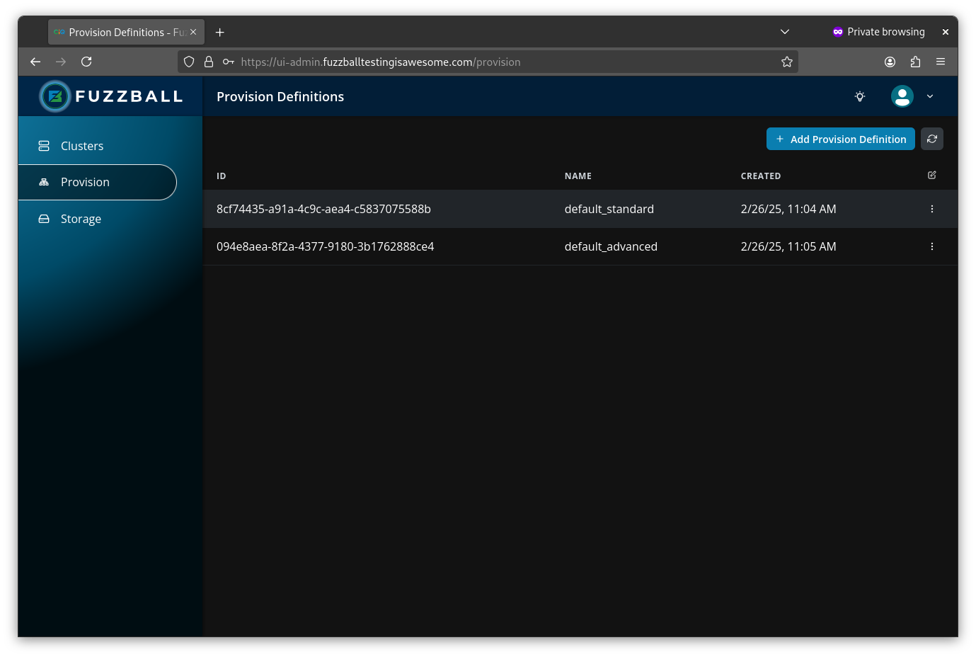 Fuzzball Admin UI showing new resource definitions