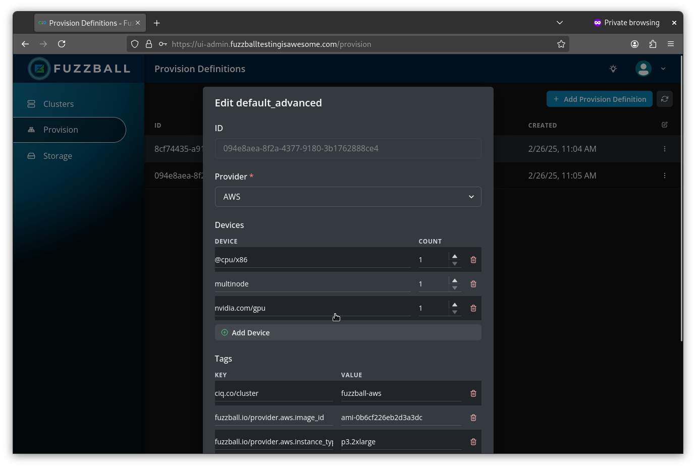 Fuzzball Admin UI initial resource definition configuration