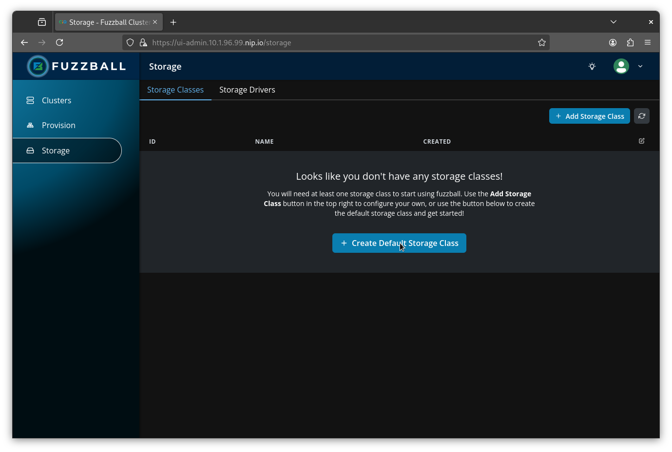 Fuzzball Admin UI prompt to create default storage class