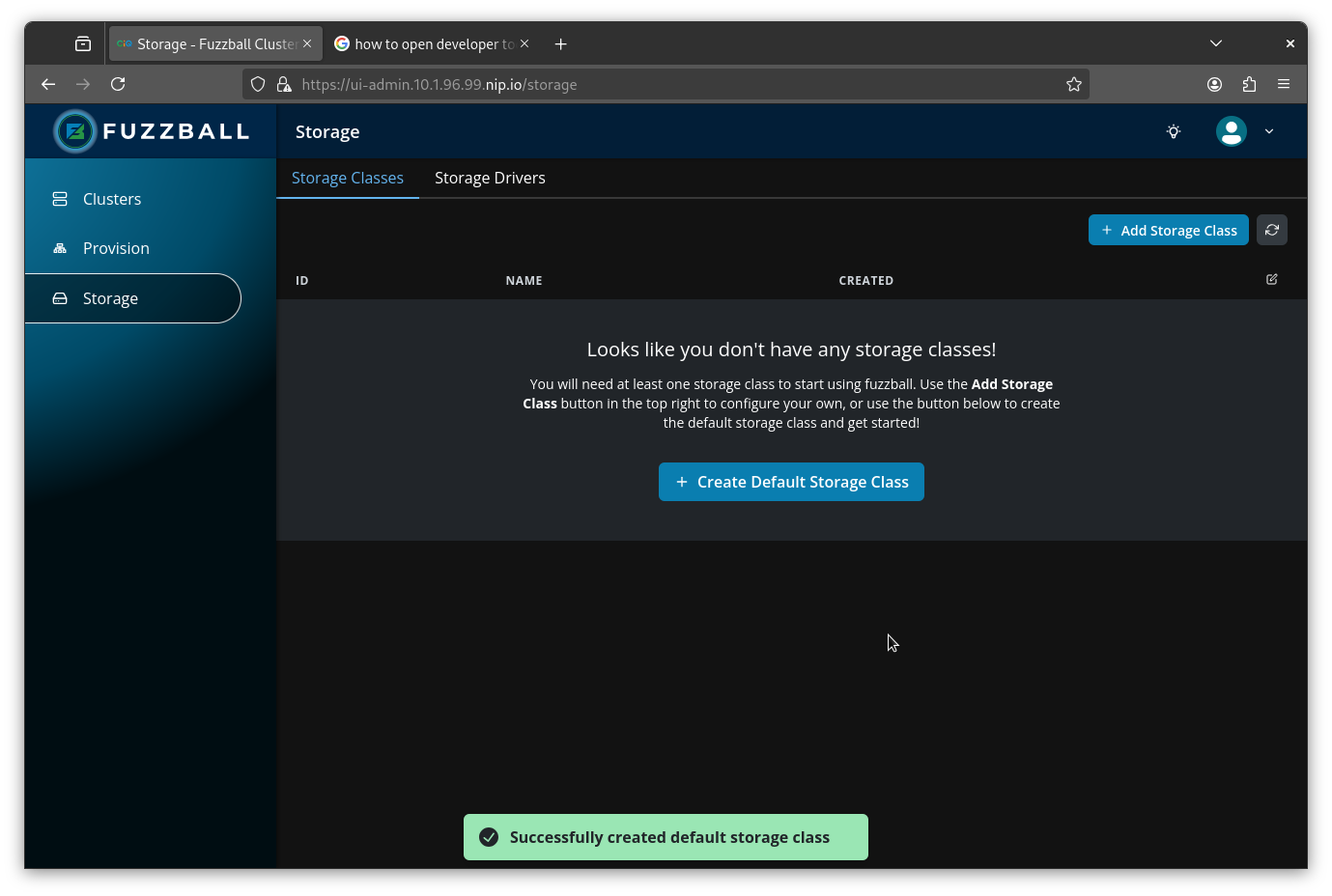 Fuzzball Admin UI successful storage class creation