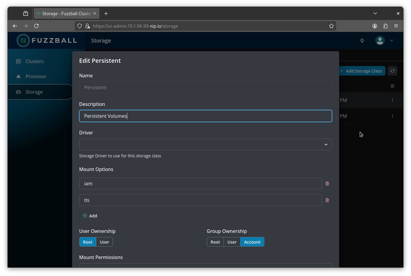 Fuzzball Admin UI initial storage class configuration