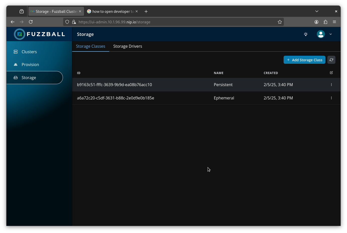 Fuzzball Admin UI showing new storage classes