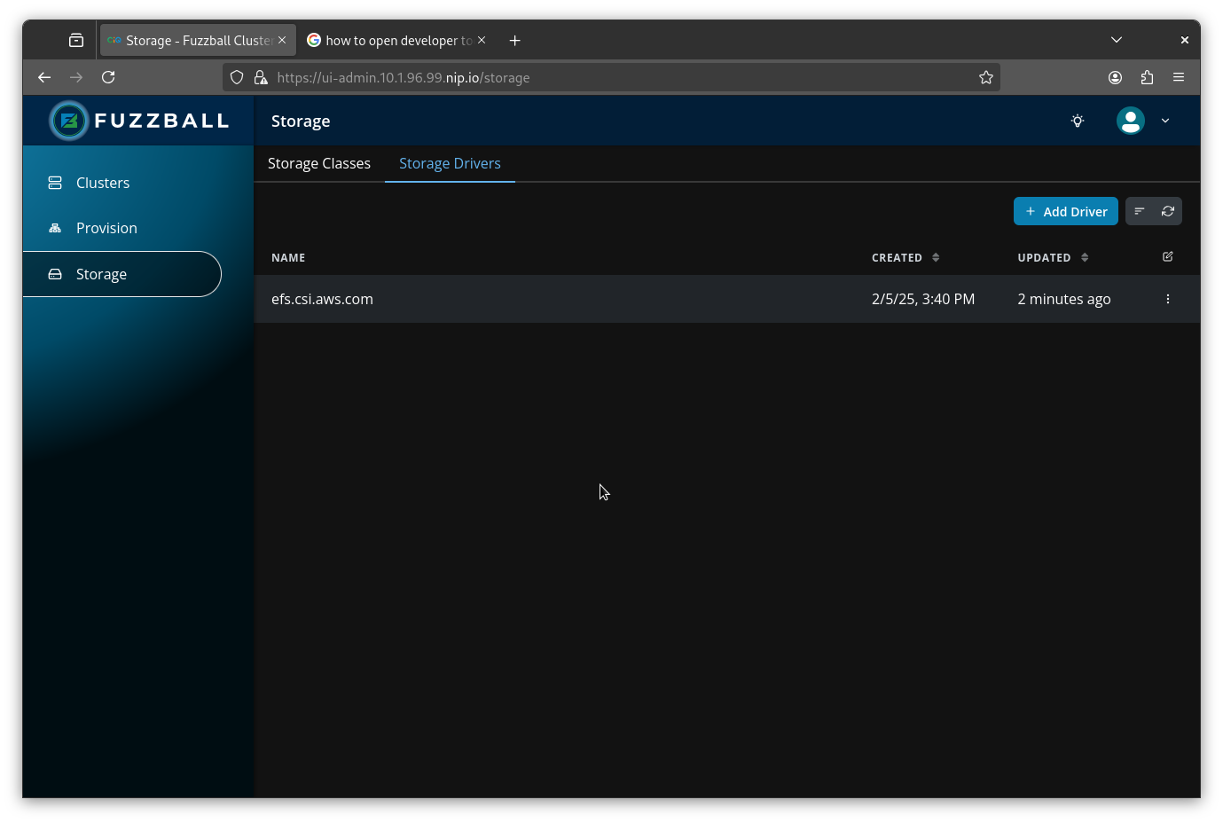 Admin UI showing storage driver