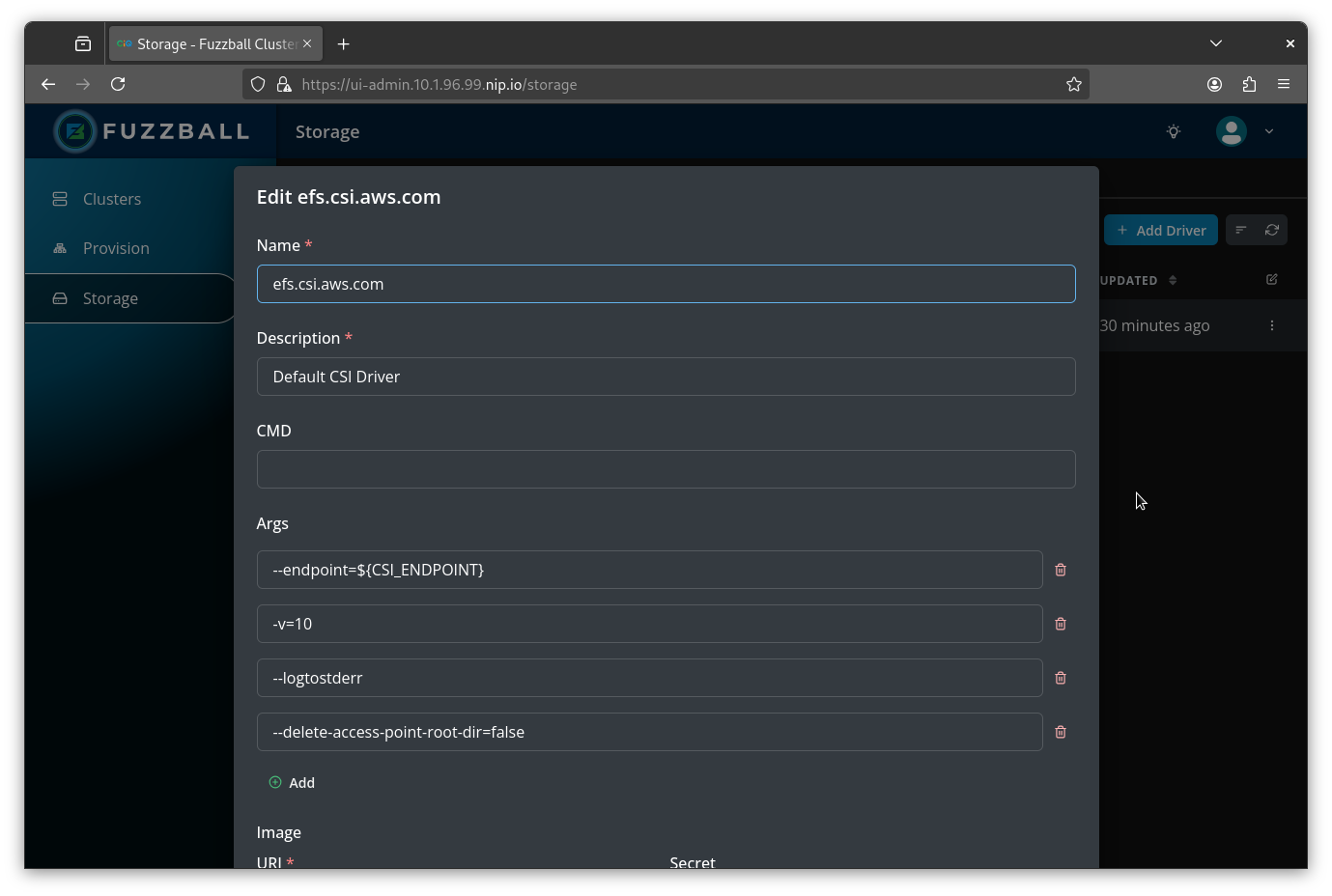Admin UI showing storage driver configuration details