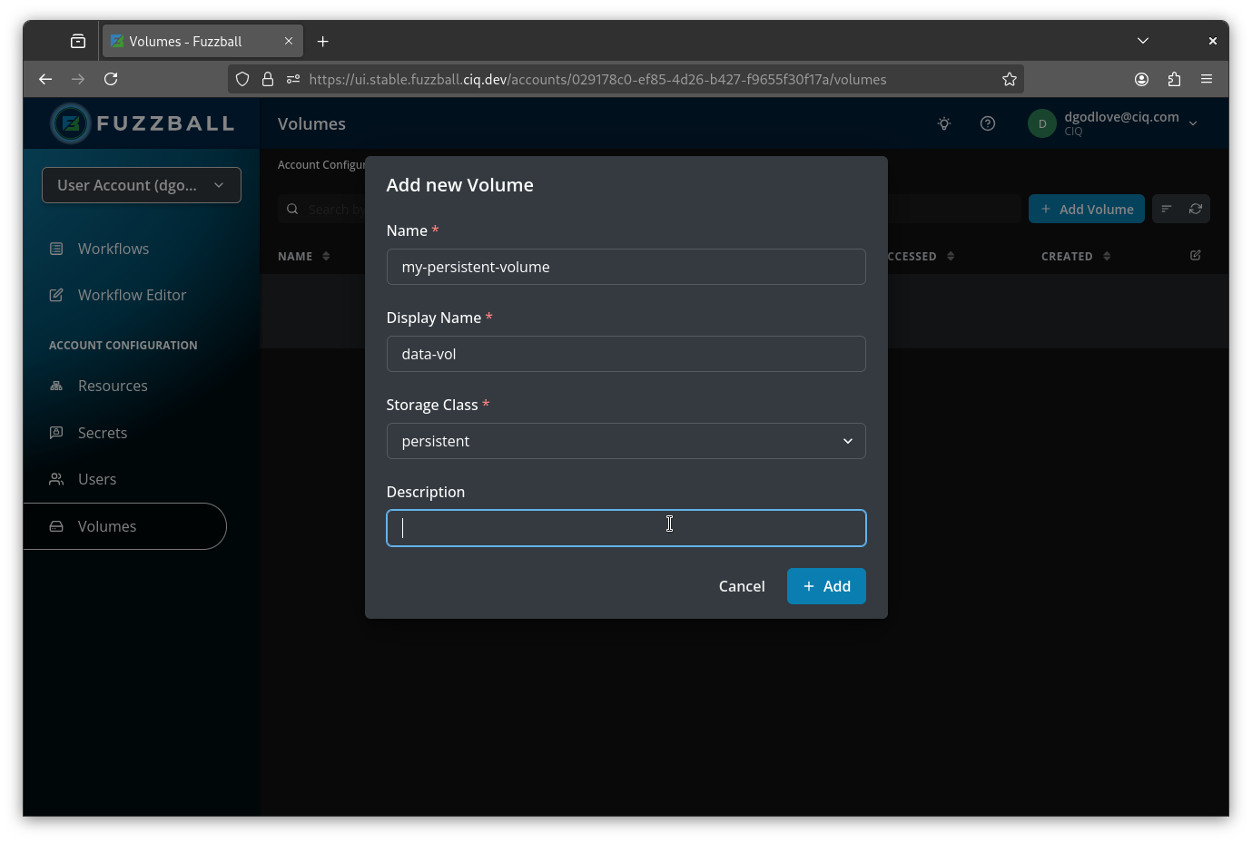 UI for user to create a volume