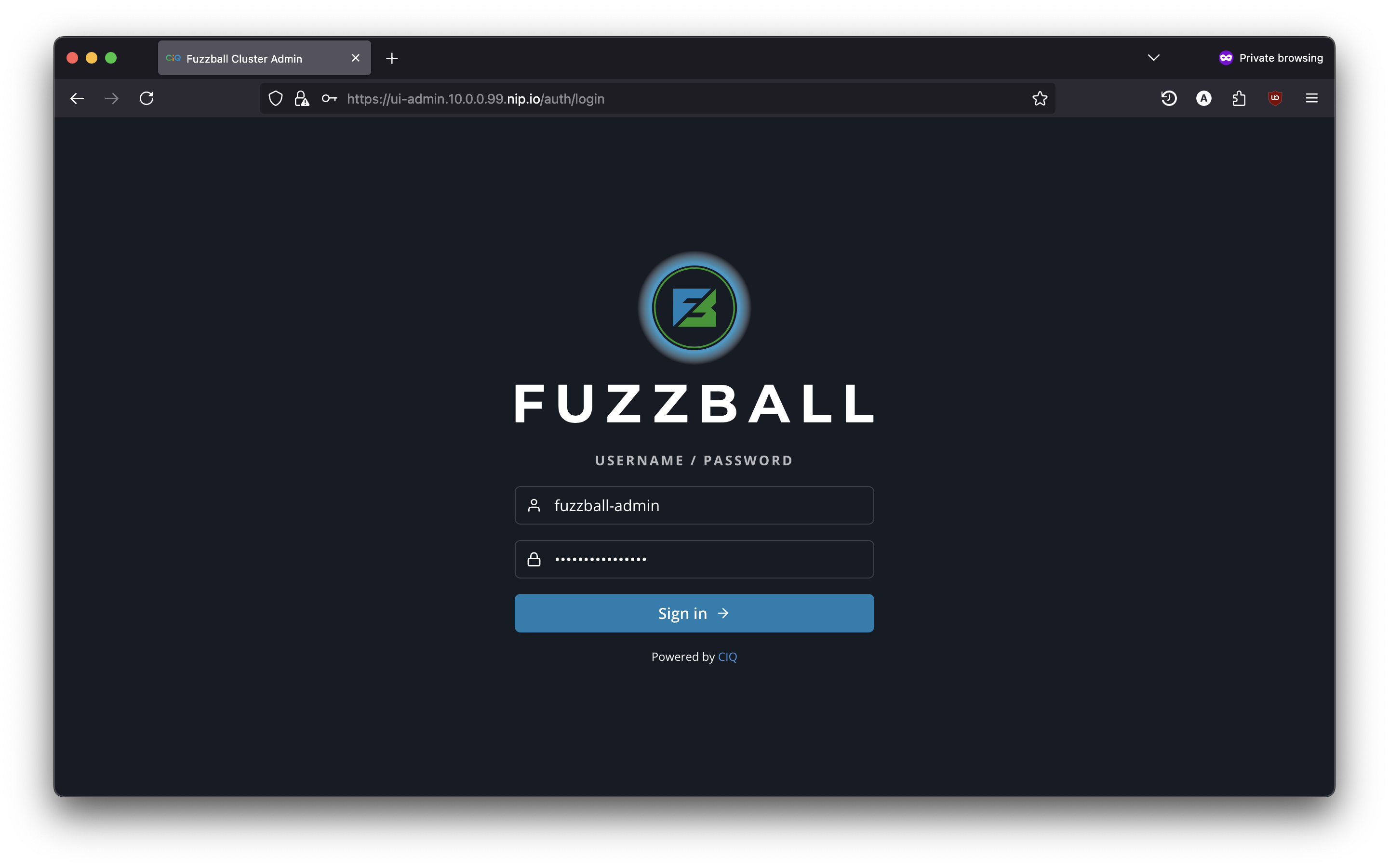 Local fuzzball admin ui login page
