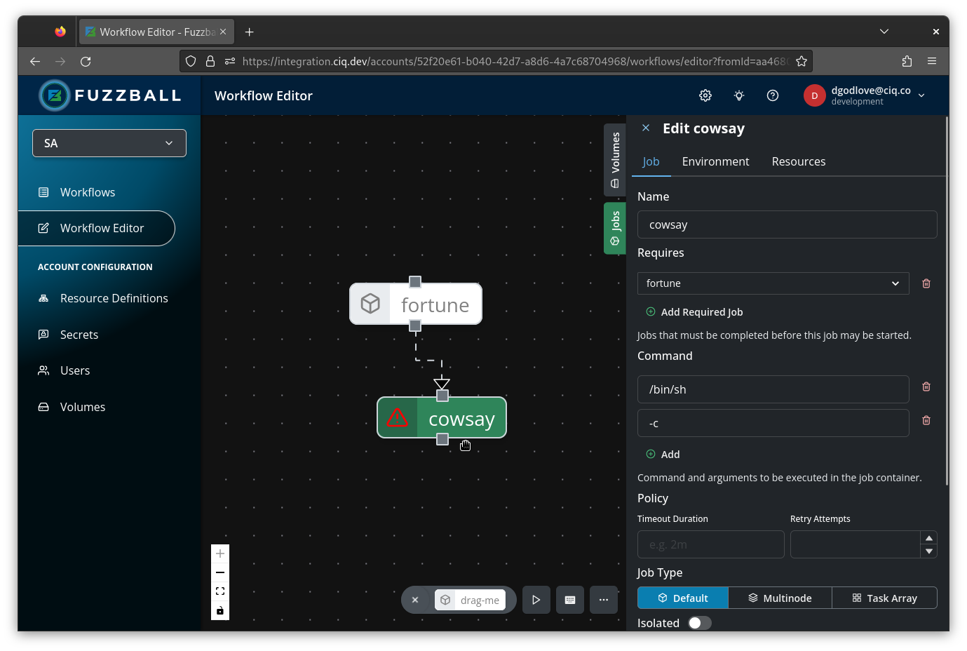 workflow grid now shows a second job dependent on the first