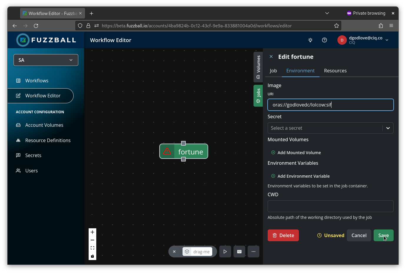 dialog box showing the path to the lolcow image on Docker Hub