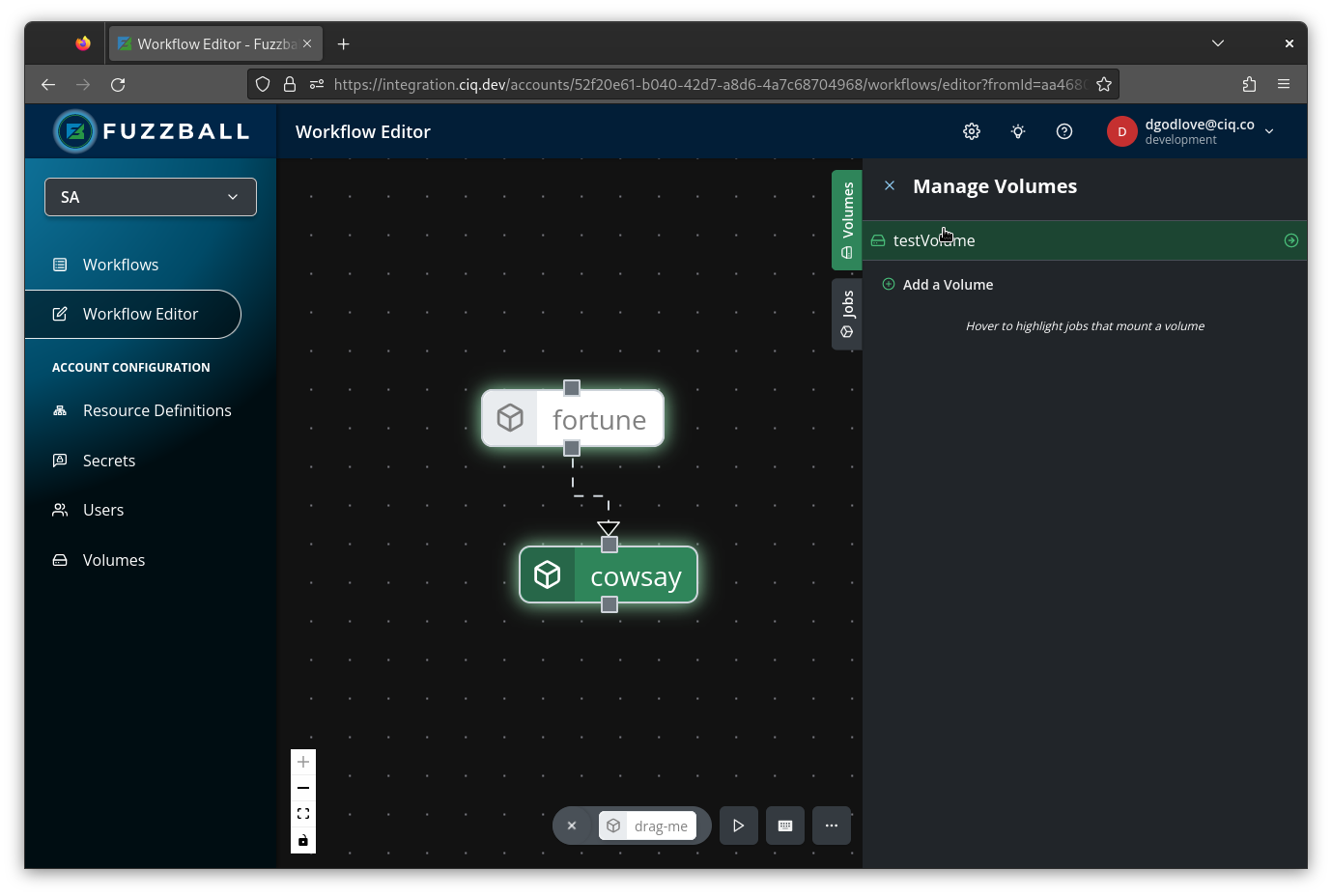 jobs using volume highlighted in the workflow grid