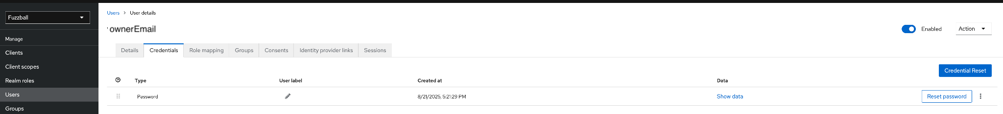 User credentials tab