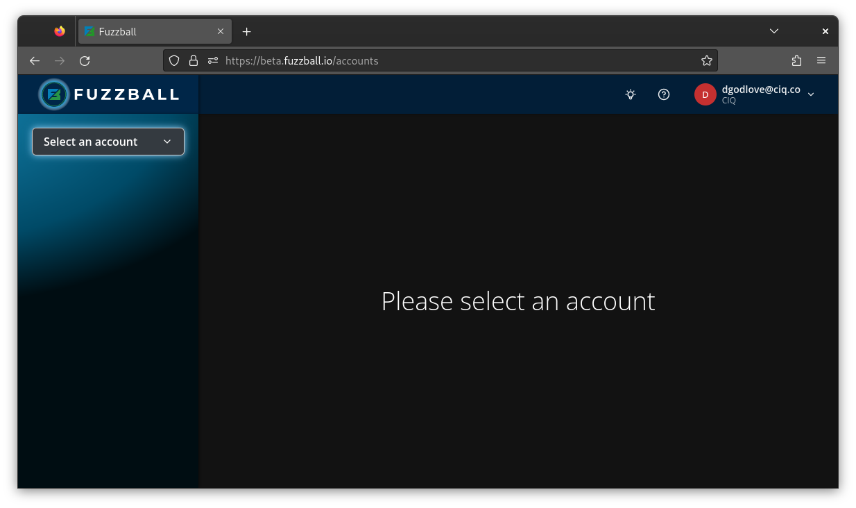 Fuzzball account selection page