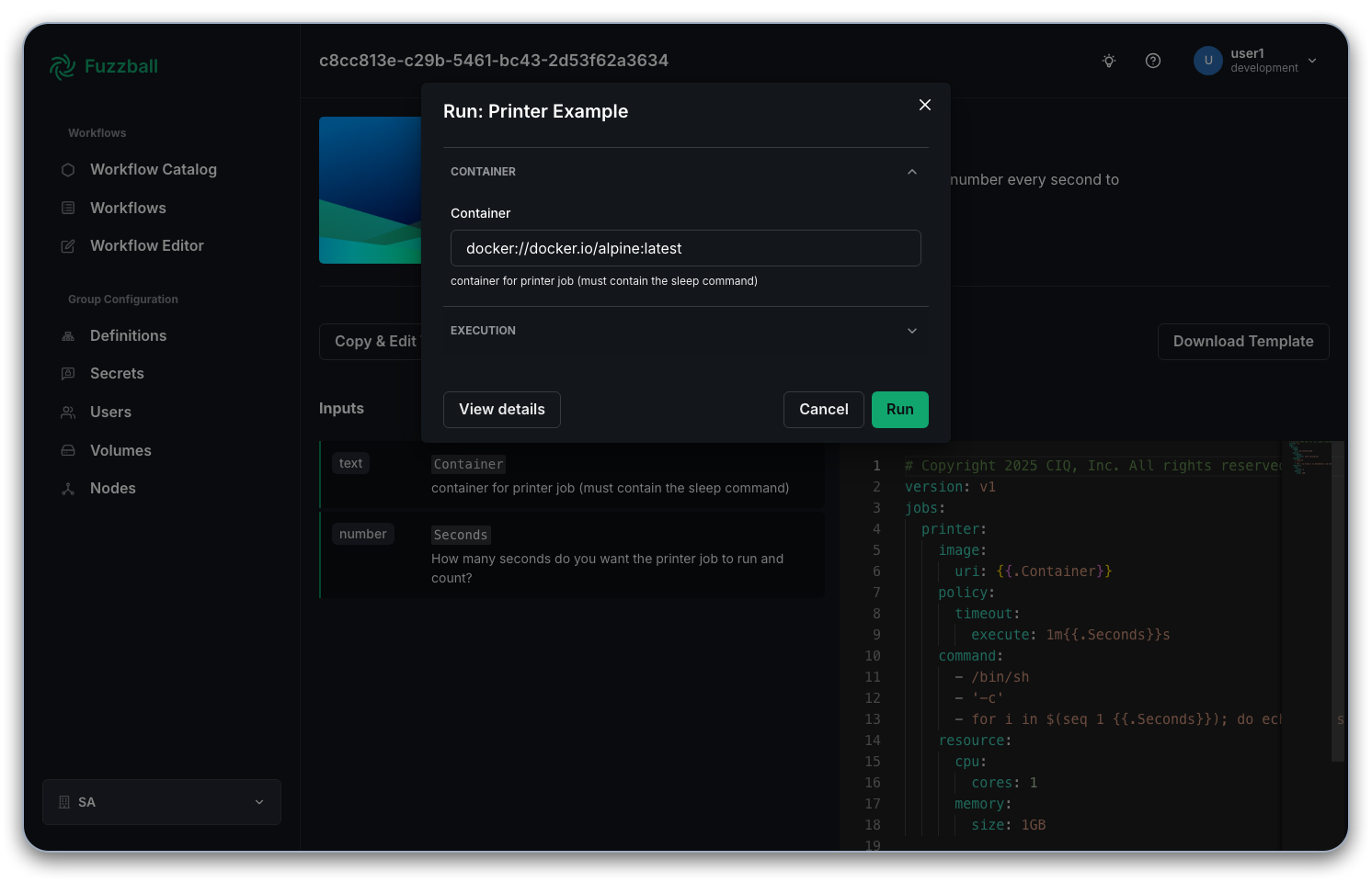 Printer template dialog box to edit inputs