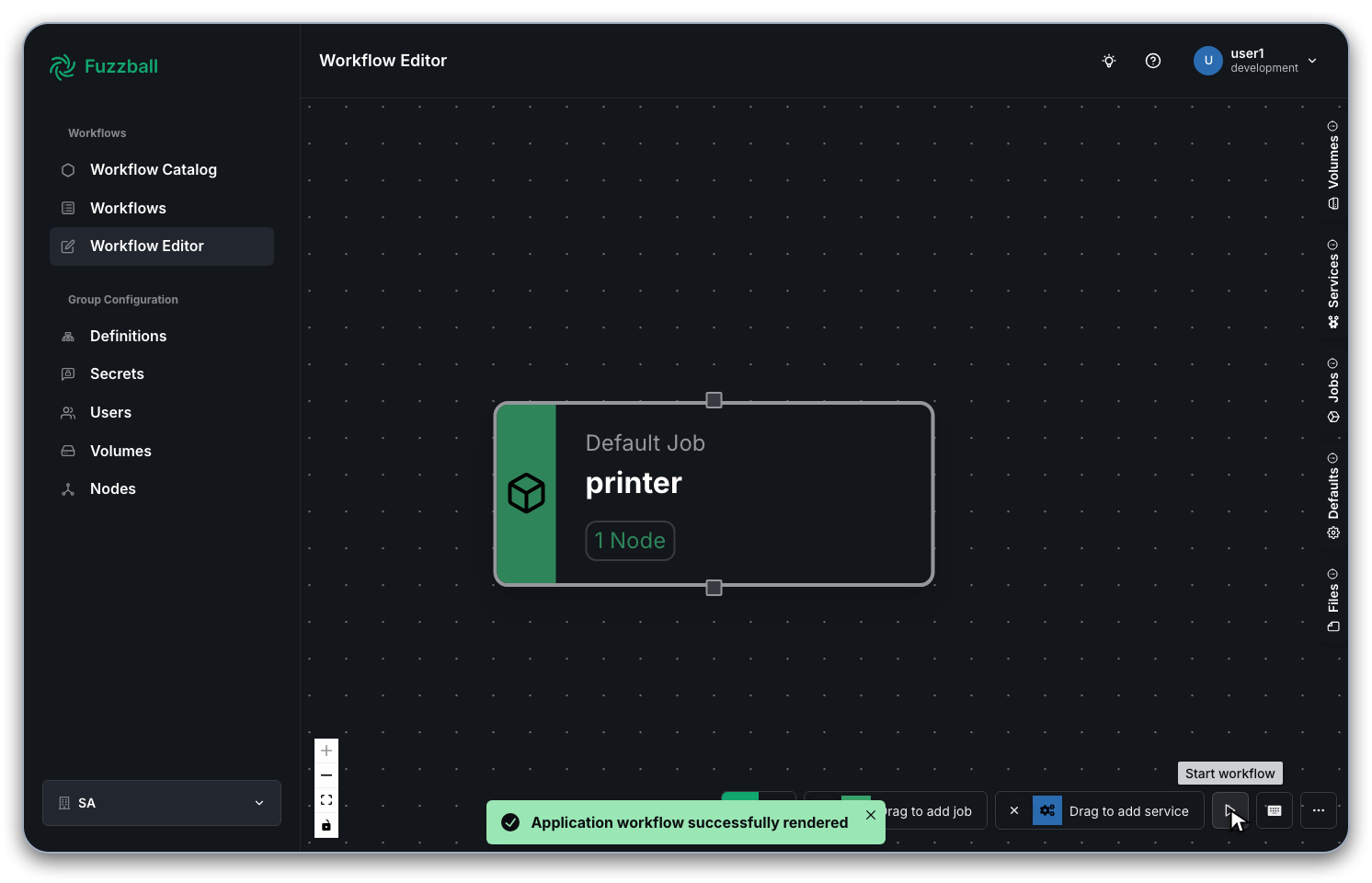 Fuzzball start workflow button on workflow editor