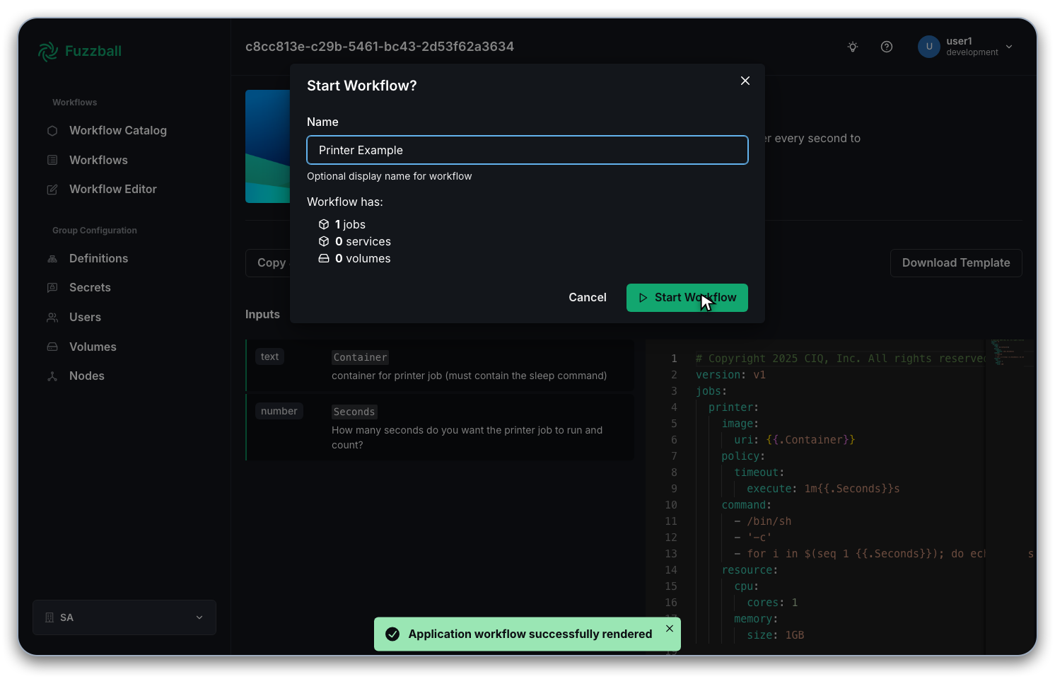 Printer start workflow from catalog