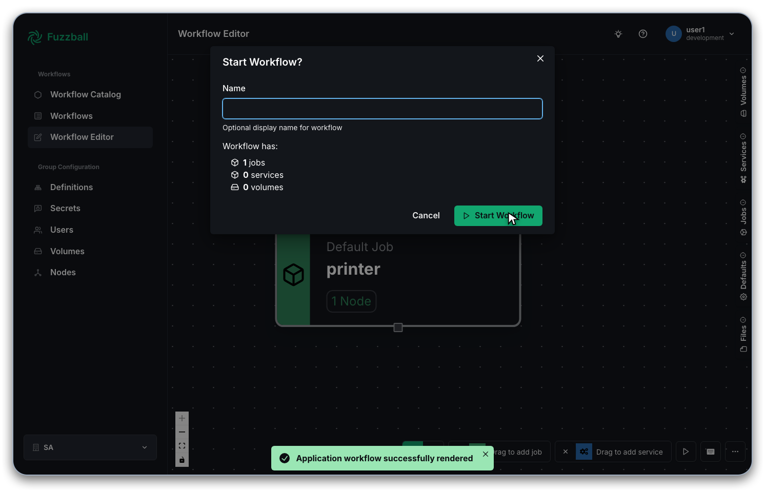 Fuzzball name workflow and submit screen