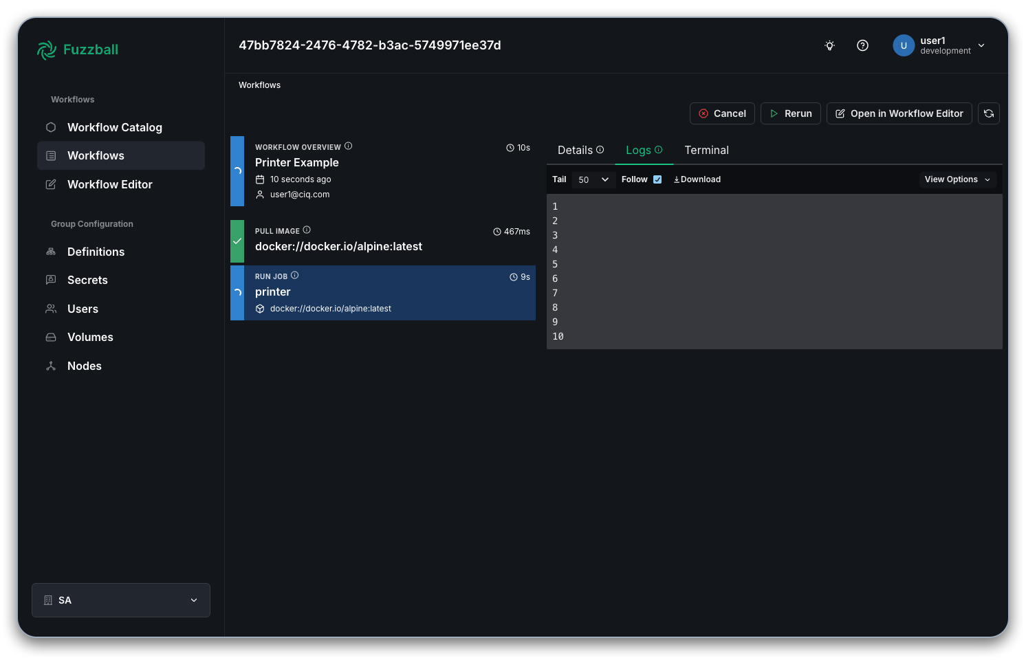 Fuzzball workflow dashboard showing logs from the printer job