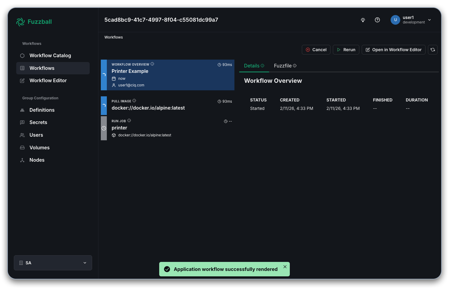 Fuzzball dashboard showing a running workflow status