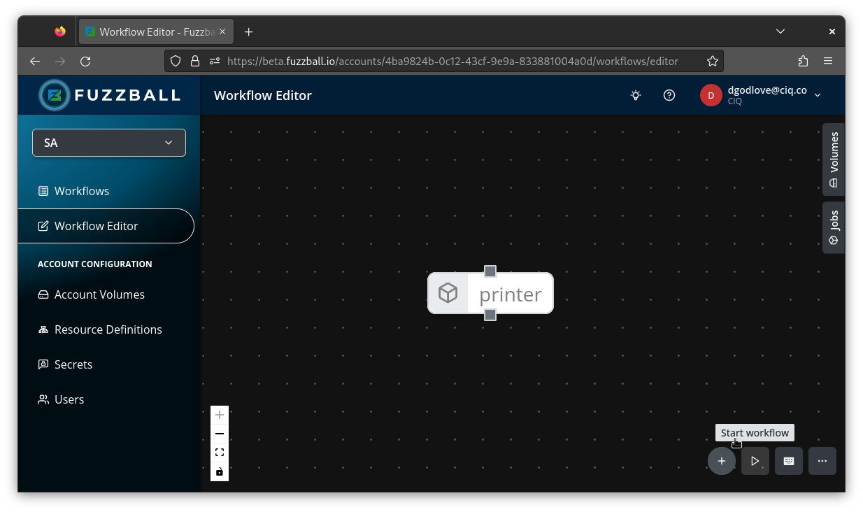 Fuzzball start workflow button on workflow editor