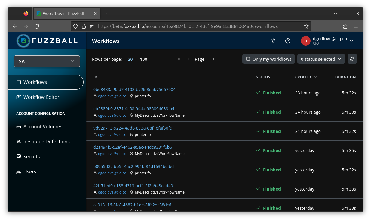 Fuzzball workflow page after account selection