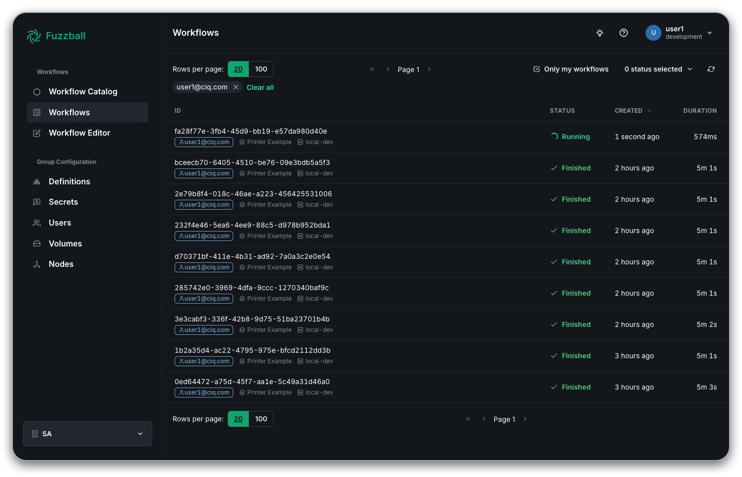 Fuzzball Workflows tab showing list of workflows