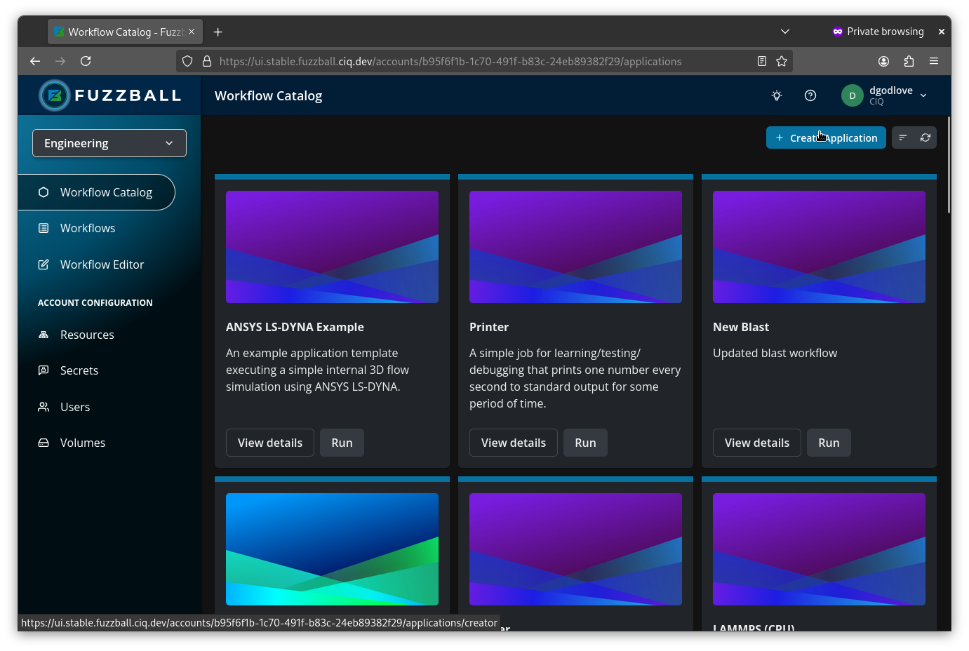 Select the Create Application option