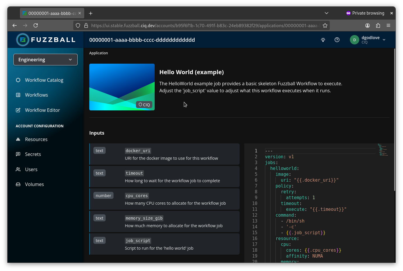 Hello World example in Workflow Catalog