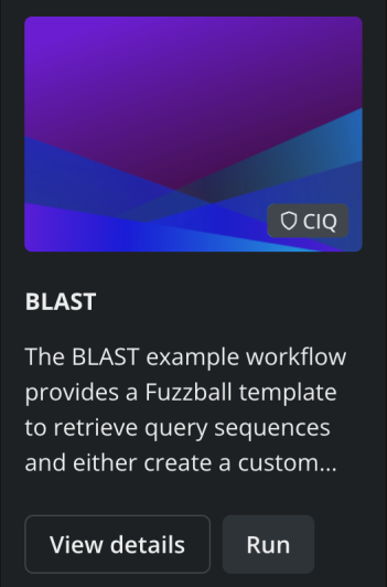 Fuzzball workflow catalog BLAST card