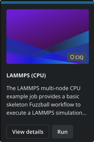 Fuzzball workflow catalog LAMMPS card