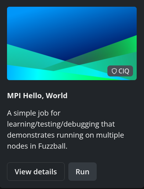 Fuzzball workflow catalog MPI Hello, world template tile