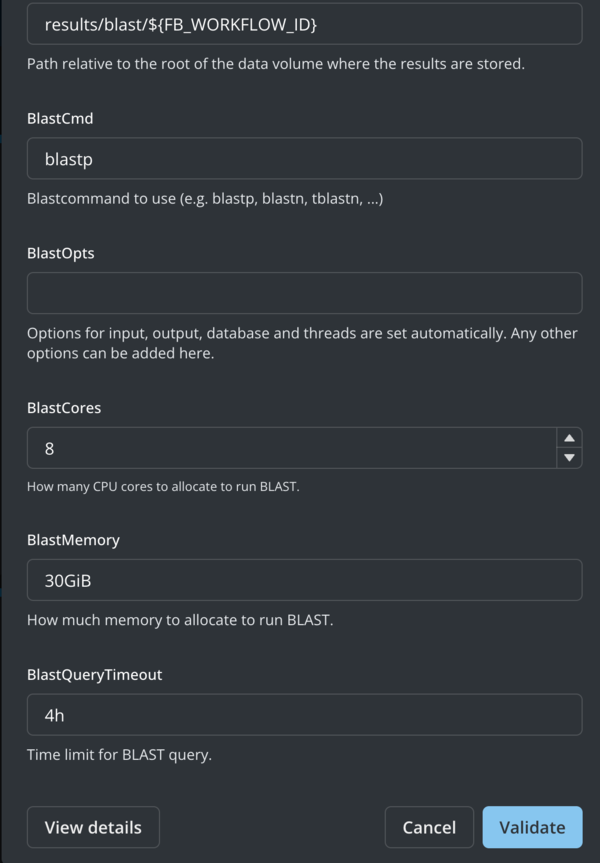Fuzzball workflow catalog BLAST options