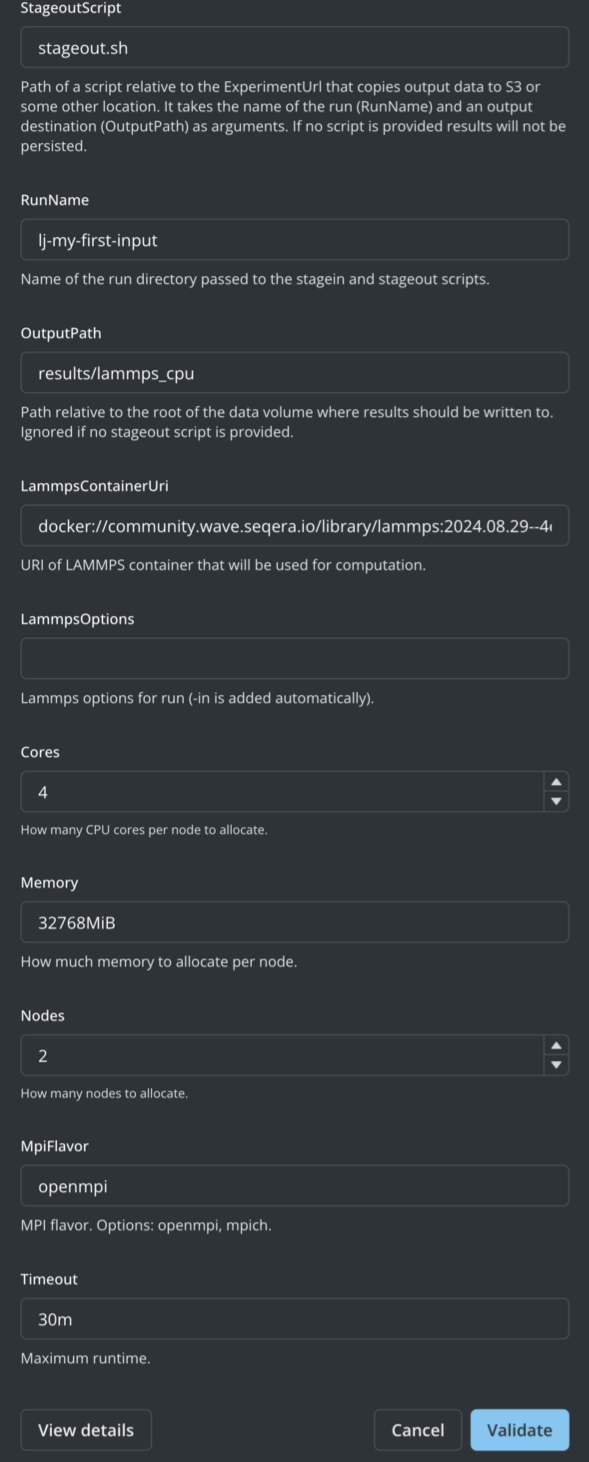 Fuzzball workflow catalog LAMMPS options
