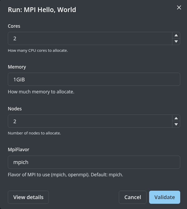 MPI hello, world template parameters to modify and validate generated Fuzzfile