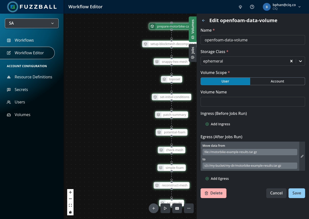 OpenFOAM volume settings ready to save