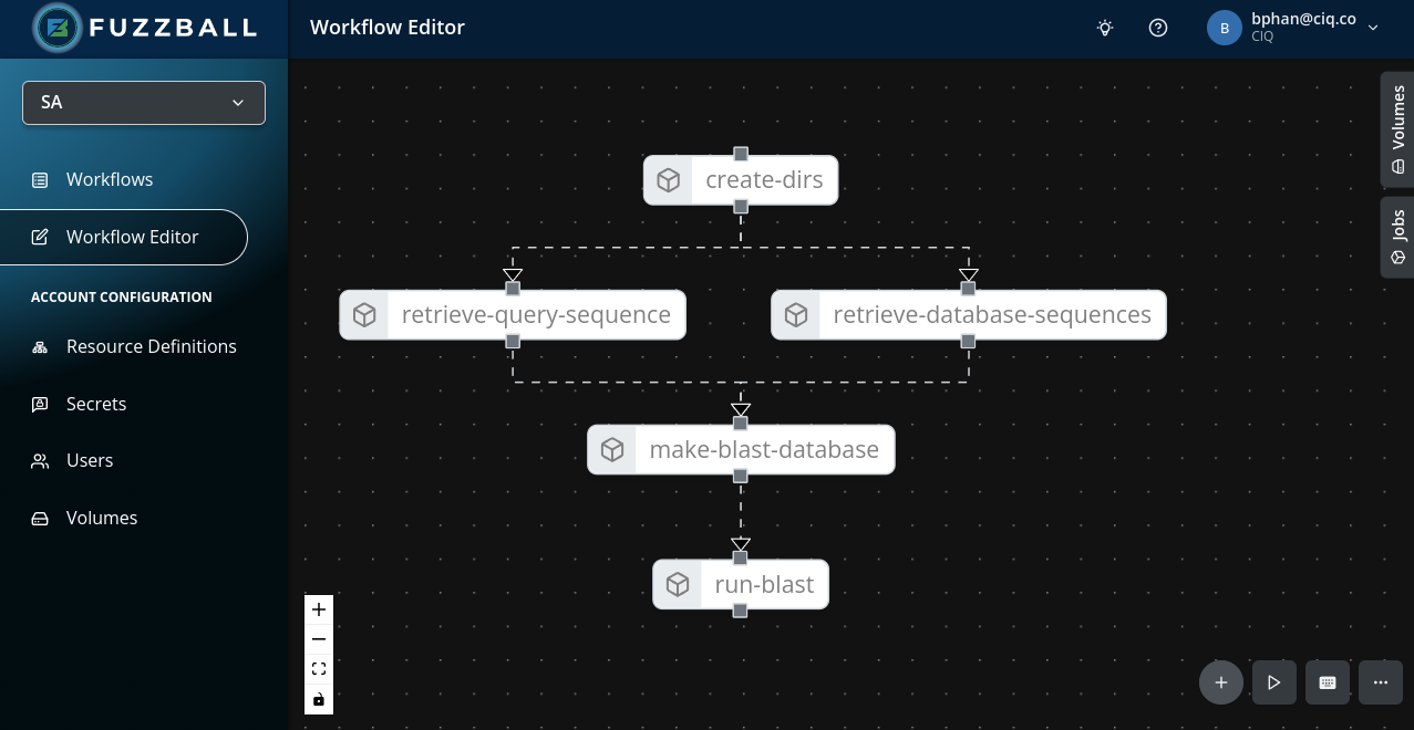 Fuzzball workflow editor with BLAST