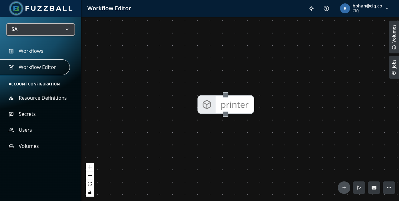 Fuzzball workflow editor with printer