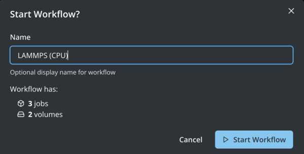Fuzzball workflow catalog start LAMMPS start