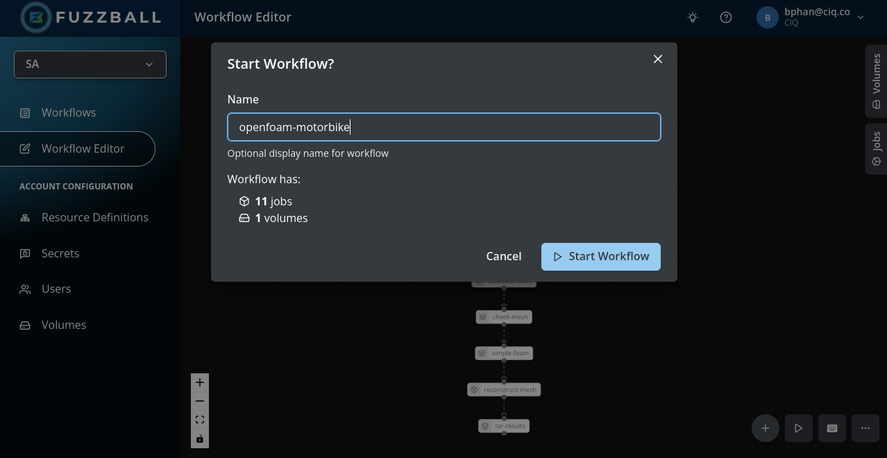 Fuzzball name workflow and submit screen