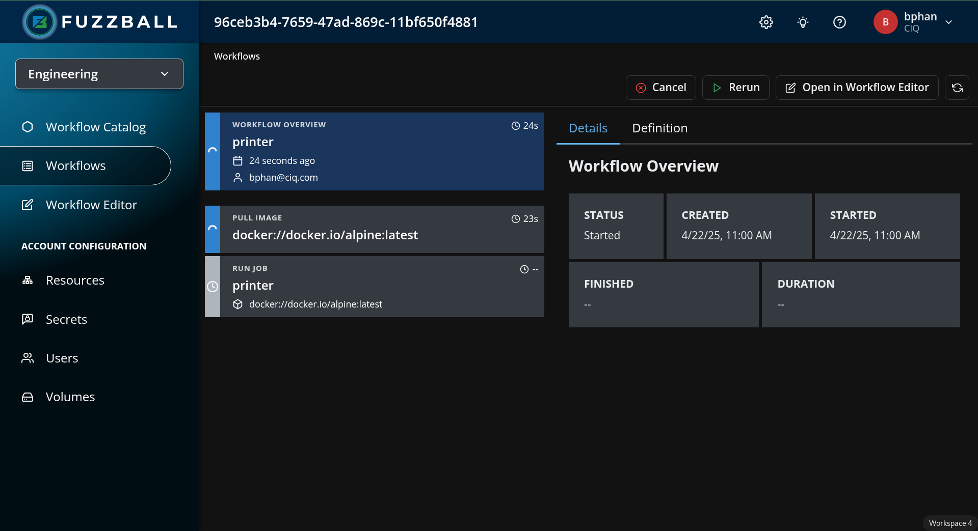 Fuzzball printer workflow status page