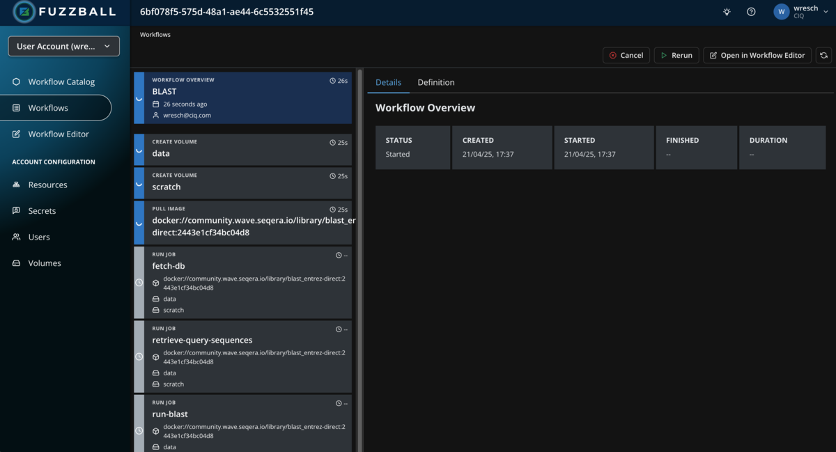 Fuzzball workflow catalog BLAST status