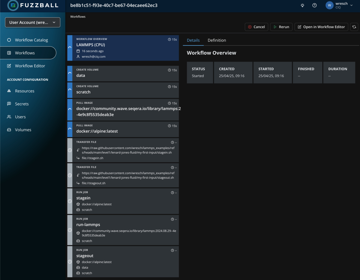 Fuzzball workflow catalog LAMMPS status