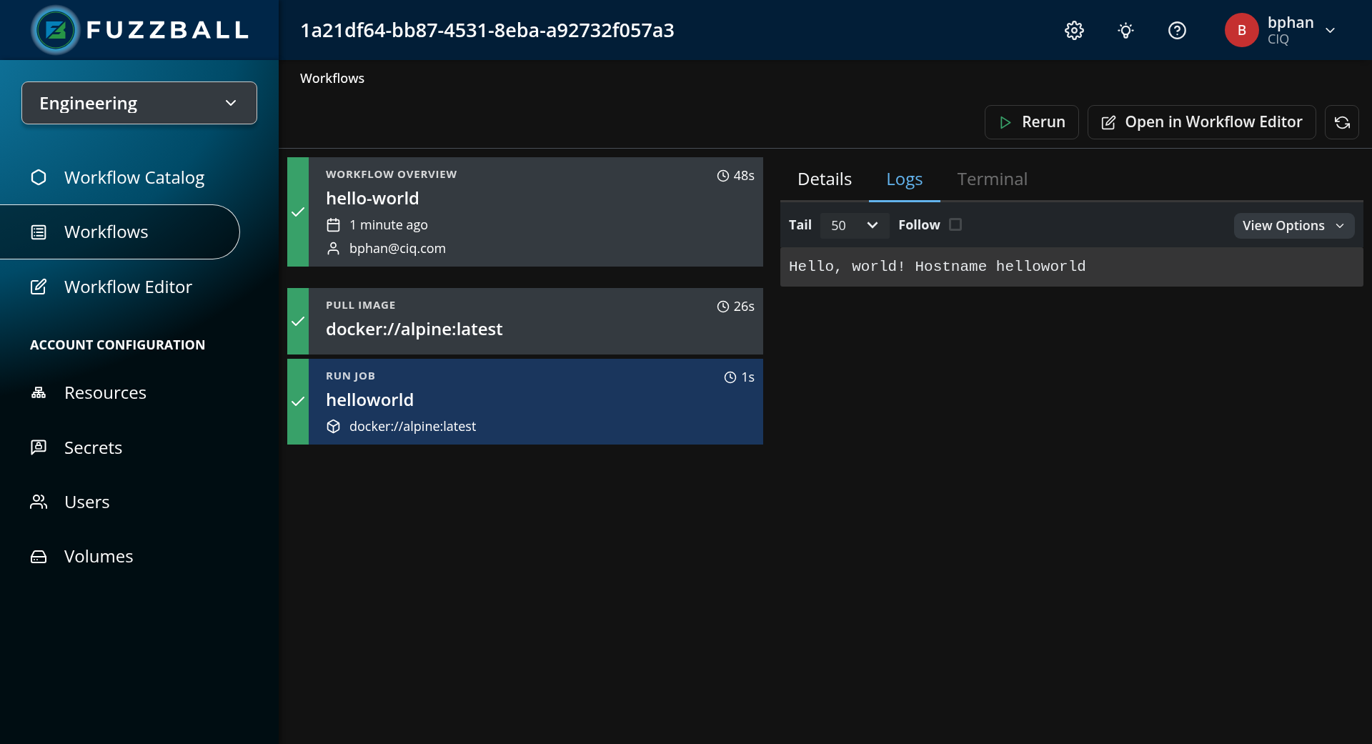 Fuzzball workflow dashboard showing logs from the hello world job