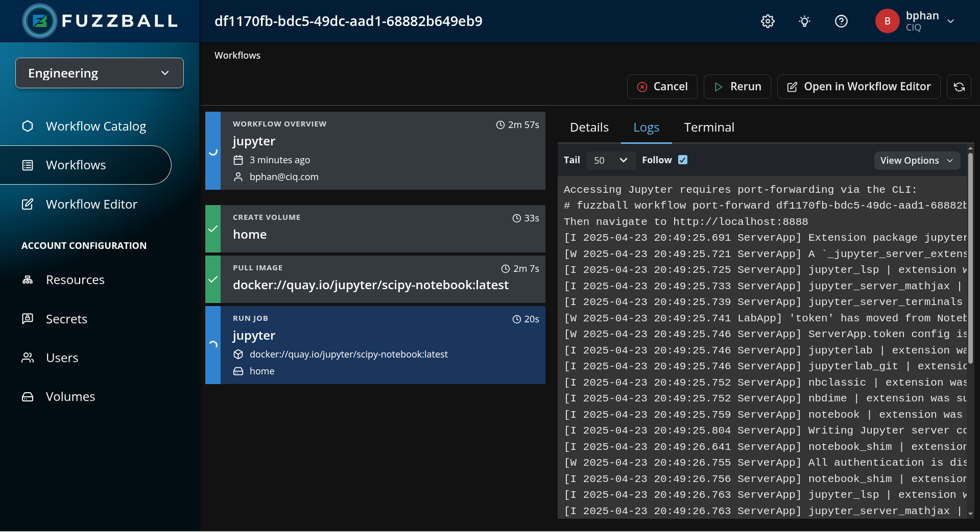Fuzzball workflow dashboard showing logs from the jupyter job
