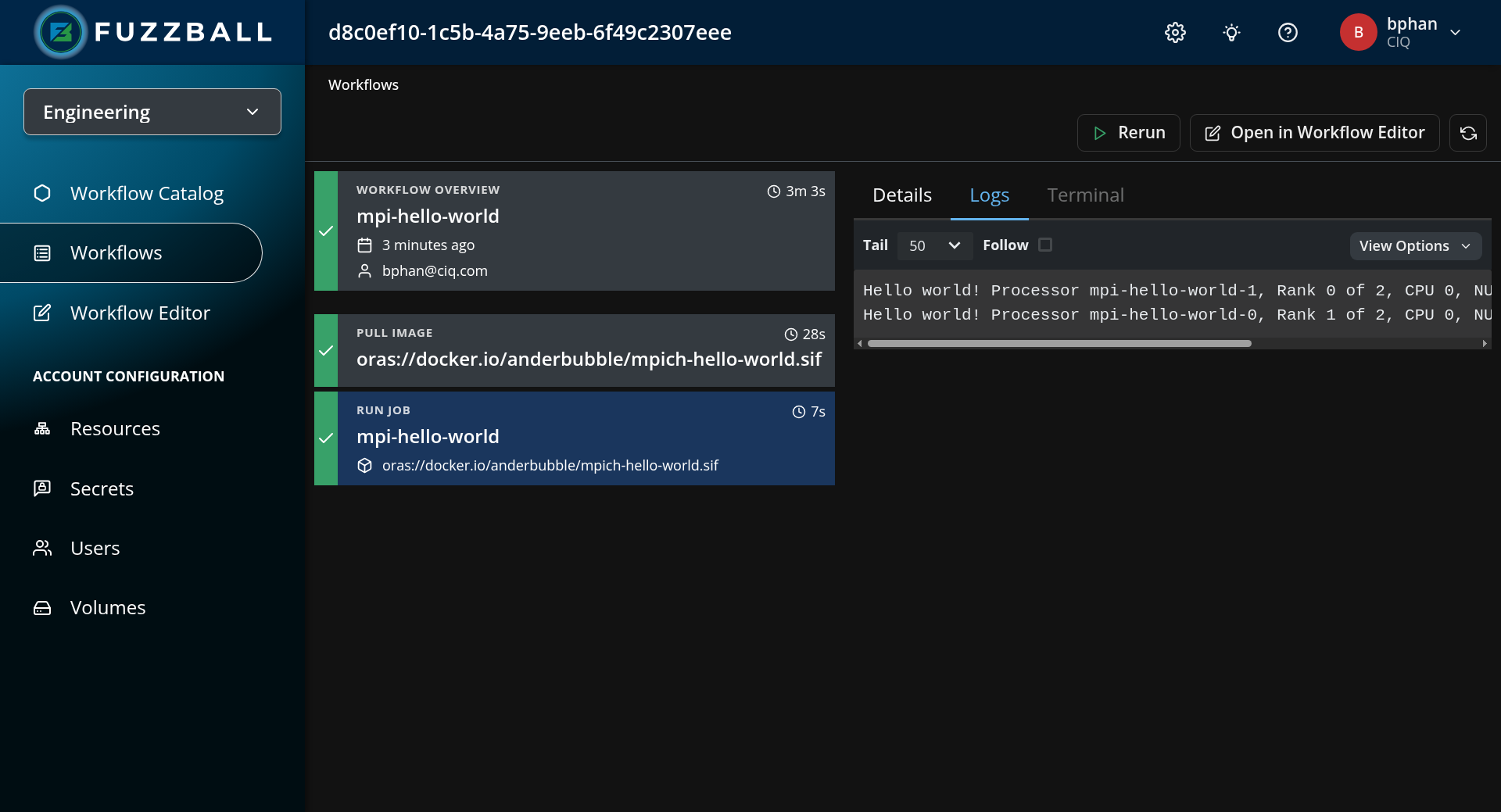 Fuzzball workflow dashboard showing logs from the hello world job