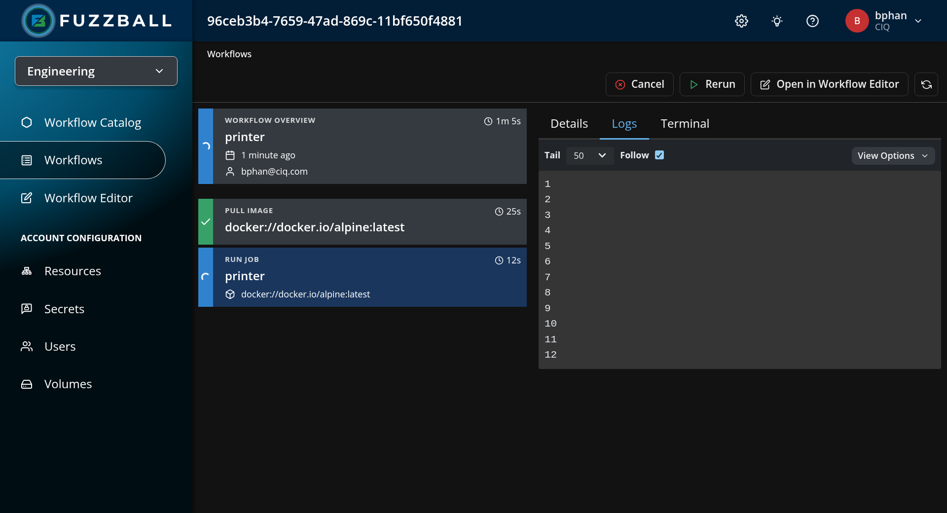 Fuzzball workflow dashboard showing logs from the printer example