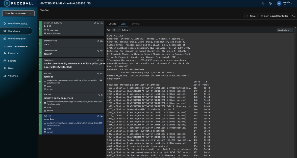Fuzzball workflow catalog BLAST logs