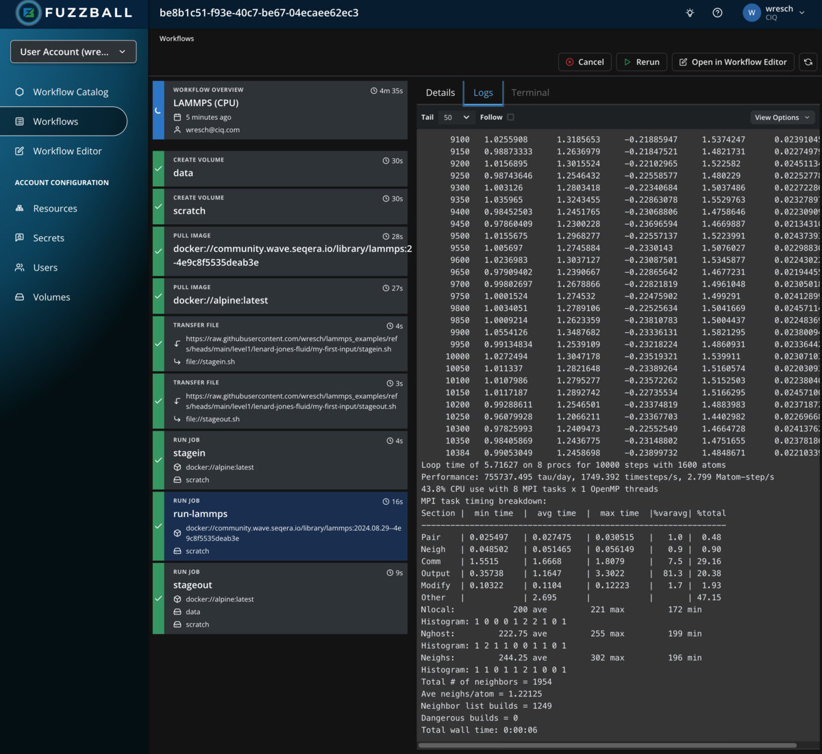Fuzzball workflow catalog LAMMPS logs