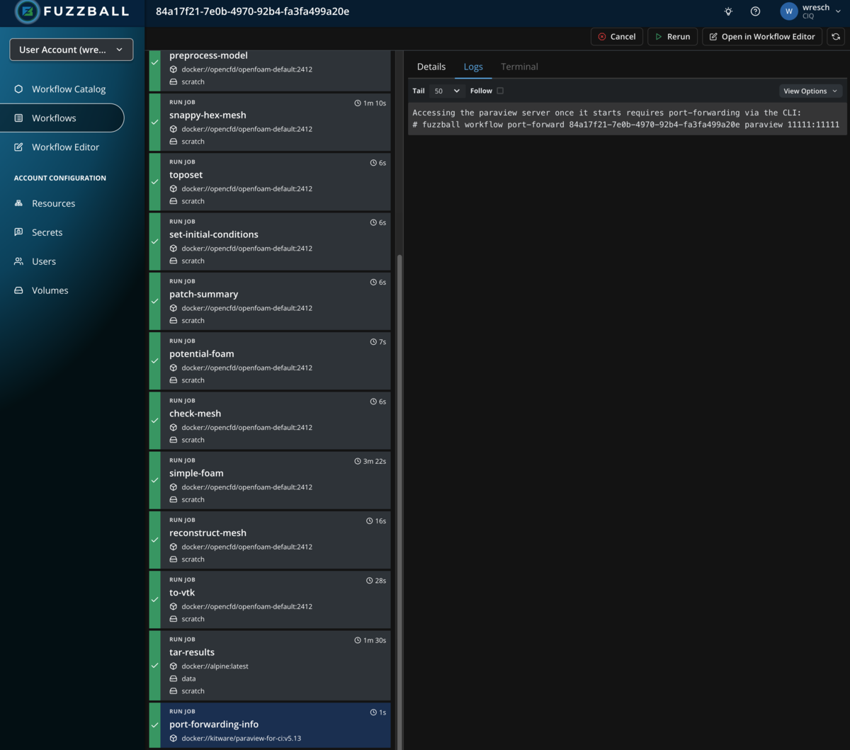 Fuzzball workflow catalog OpenFOAM logs