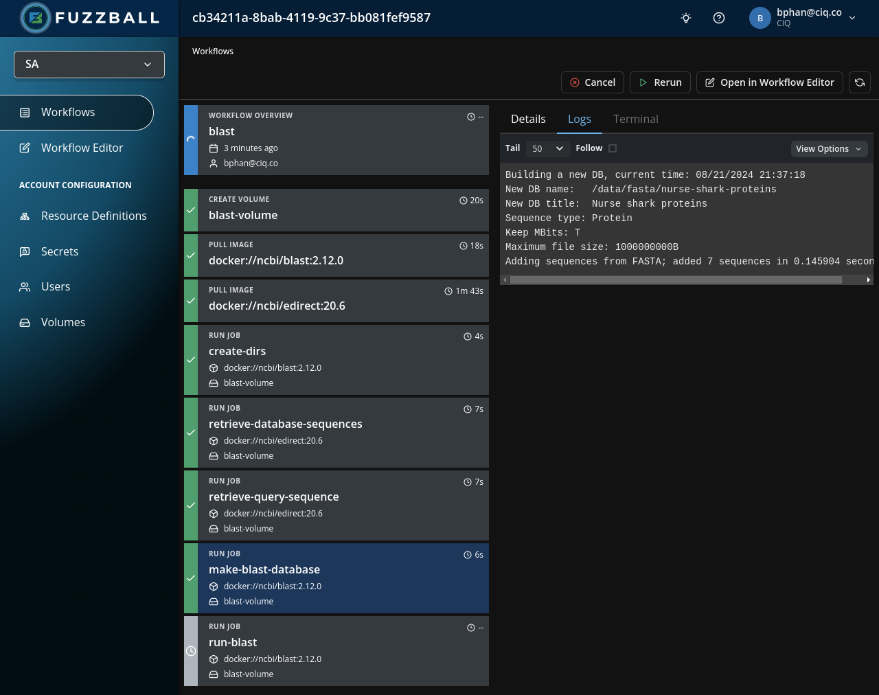 Fuzzball workflow dashboard showing logs from the make-blast-database