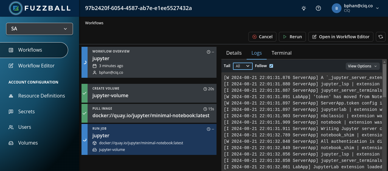 Fuzzball workflow dashboard showing logs from the jupyter job